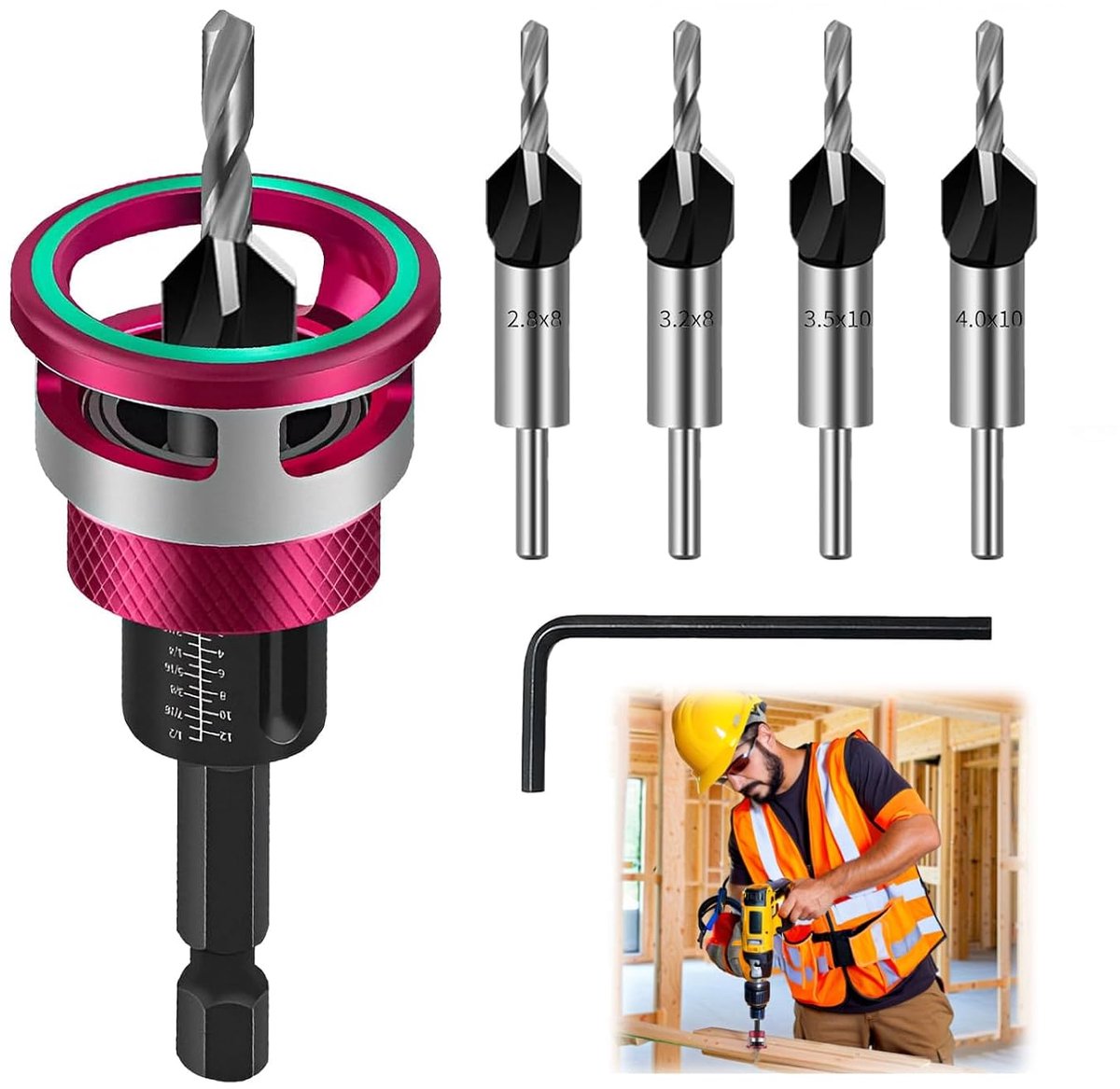 Verzinkboorset 6-delig, Verzinkboor voor hout met dieptestop, Nauwkeurigheid ±0,02 mm Precieze boringen, voor houtbewerking, Gemaakt van HSS-M2 Verzinkboor met 1/4 inch zeskantschacht