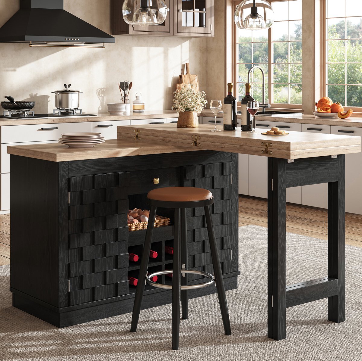 Keukenkast 120-197 bij 40 bij 74,2 cm - Draaibaar Met Wijnrek En Laden - Keuken En Eethoek - MDF - Zwart