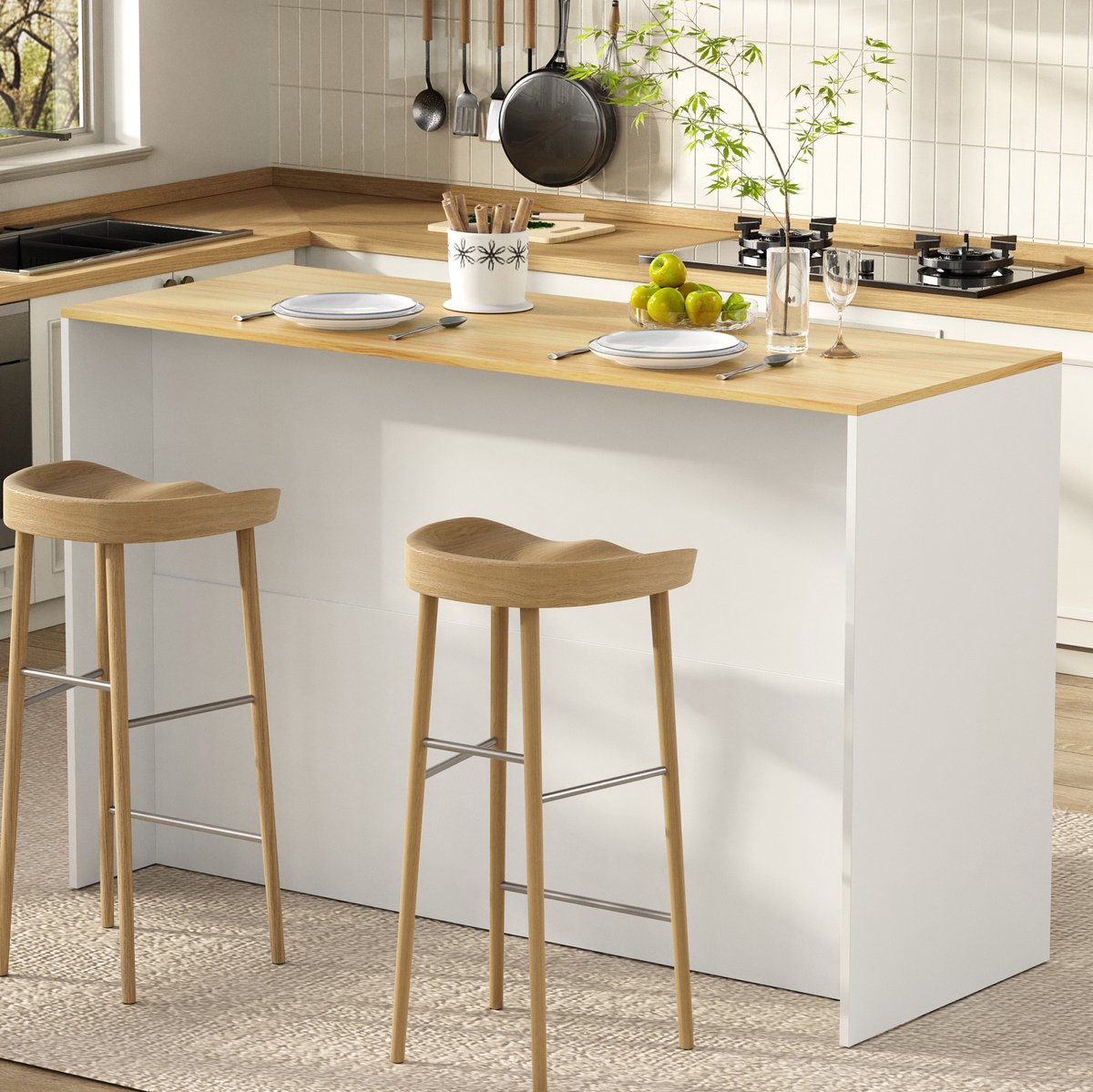 MODENUIT Keukeneiland 135 x 55 x 91 cm - Ledverlichting, Lades En Verstelbare Legplanken - Keuken - MDF Wit
