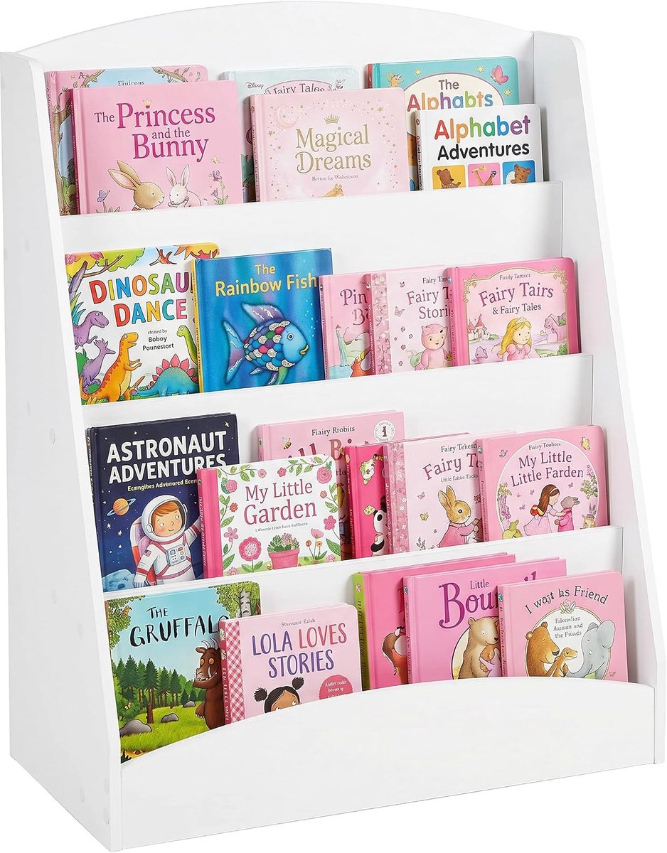 Boekenkast voor kinderkamer, speelgoedorganizer met 4 open vakken, smal kinderrek, Montessori boekenkast als speelgoedrek (60 x 30 x 70 cm)