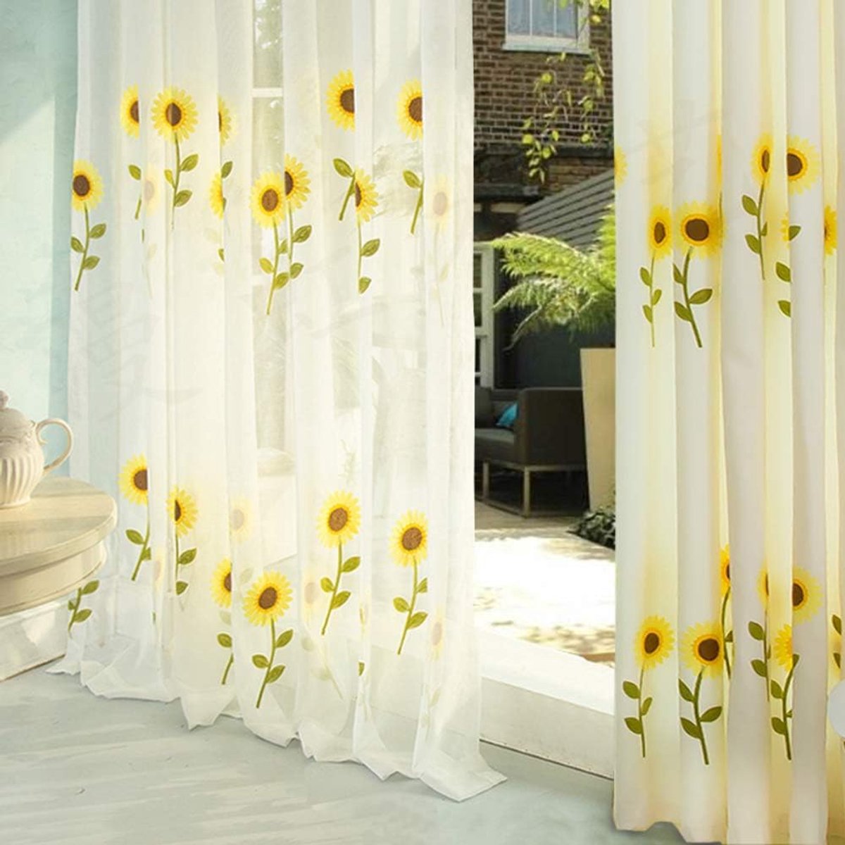 Zonnebloem/raamgordijn, pastorale stijl/borduurwerk/tule/gordijn, bloemen/katoen en linnen/raamgordijnen/Panelen/Light Filtering/haken up-Zonnebloemdoek. 550 * 270cm