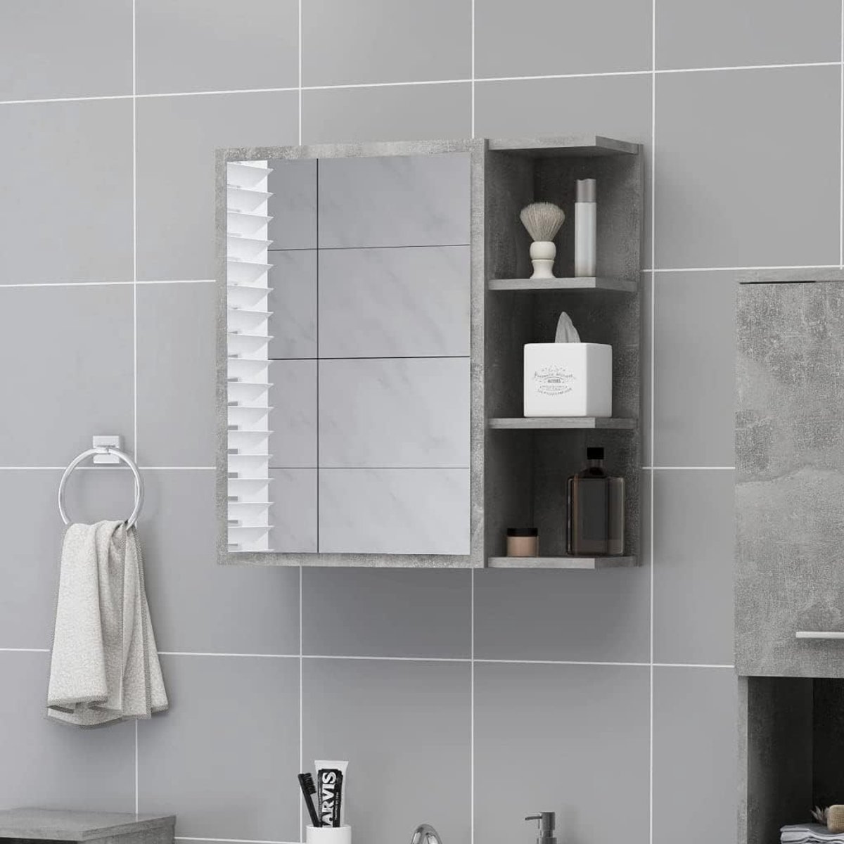 Wandspiegel voor de badkamer, decoratieve wandspiegel, thuis, badkamerkast, badkamerspiegelkast, betongrijs, 62,5 x 20,5 x 64 cm, houten materiaal voor woonkamer, keuken, badkamer, espresso