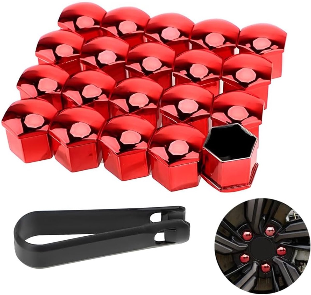 Dailygoods- Wielmoerkap 17 mm - 20 Stuks - Robuust en Duurzaam - Inclusief Verwijdertool - Rood - Hoogwaardige Polypropyleen - Wielmoerkappen