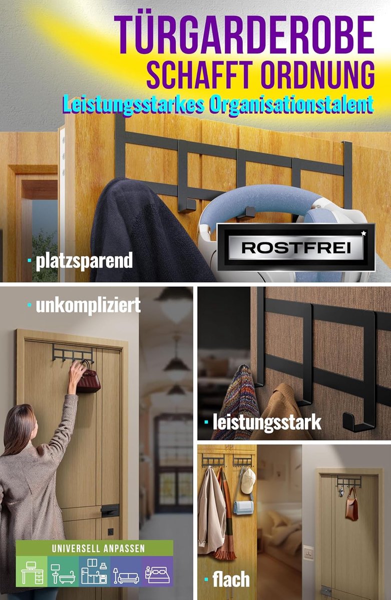 Deurkapstok om op te hangen - Zwart, krachtige ophanghaken, ruimtebesparende kledinghaken, stabiele hakenlijst, universeel gebruik