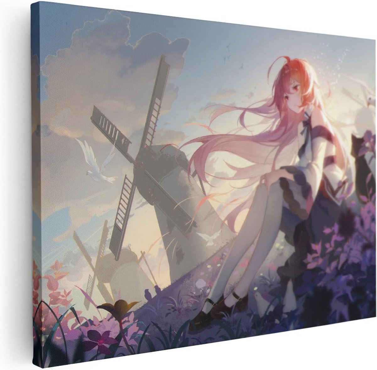 Canvas Schilderij Anime Landschap - 40x30 cm - Klein - Wanddecoratie Windmolen Duiven - Muurdecoratie Meisje - Decoratie Roze Bloemen