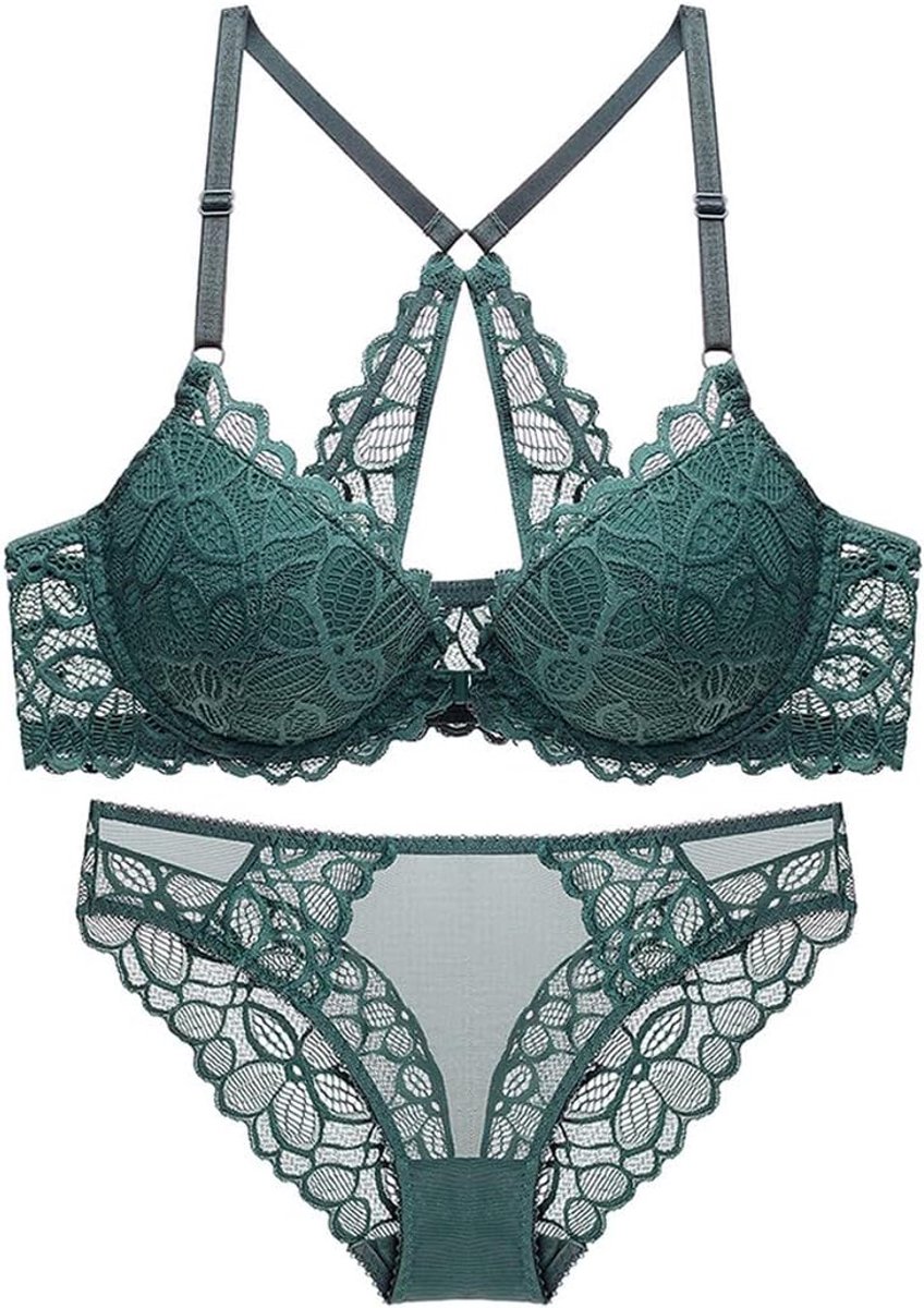 Damesbeha met voorsluiting en pantyset, push-up beha met beugel, vrouwen, kant, welbeha, bustier