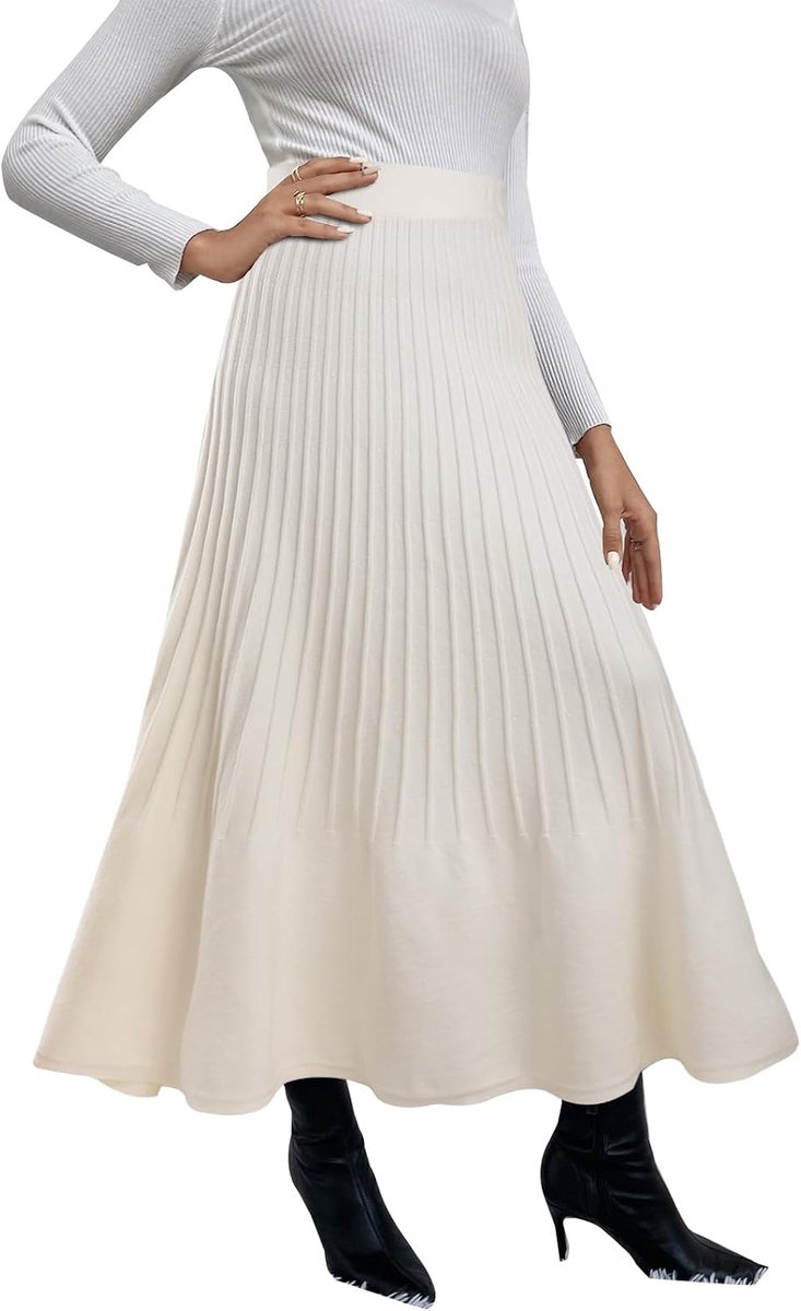 Lange rok voor dames, hoge taille, gebreide plooirok, A-lijn, winterrok, elastische tailleband