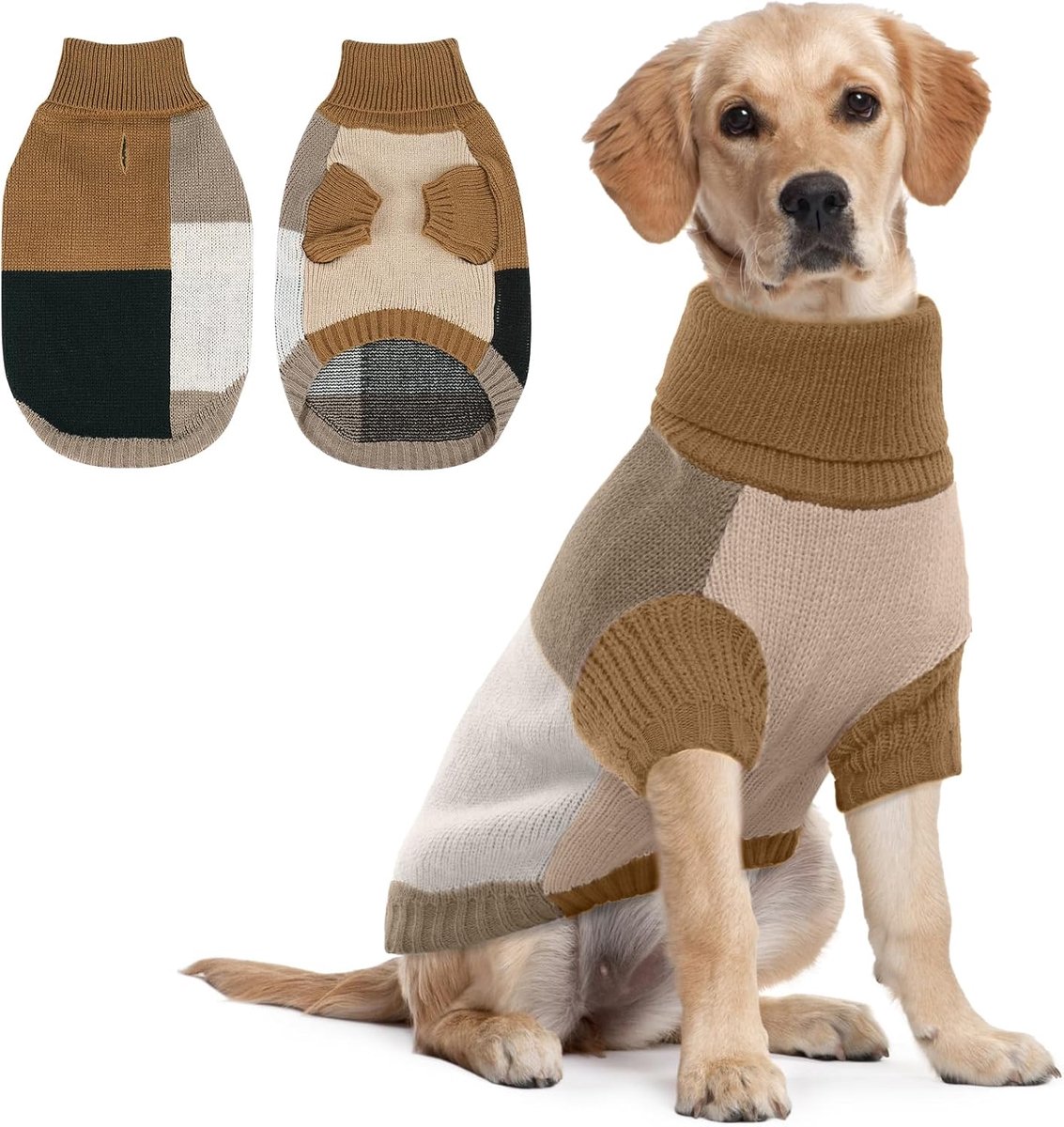 Hondentrui voor middelgrote honden, gebreide hondentrui, warm, voor de winter, met harnasgat en rolkraag, gezellige hondentrui voor Kerstmis, Border Collie, mokka blend, XL