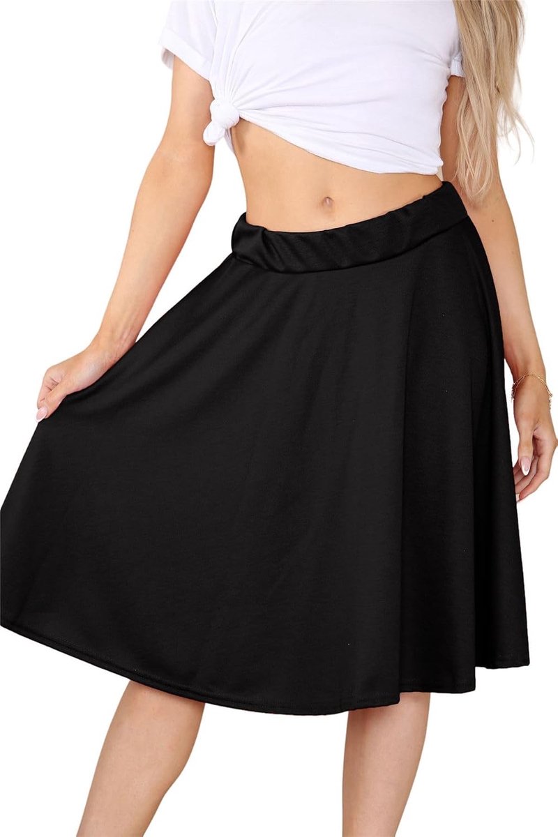Midi-rok knielengte effen elastische taille jersey skaterrok uitlopende rok