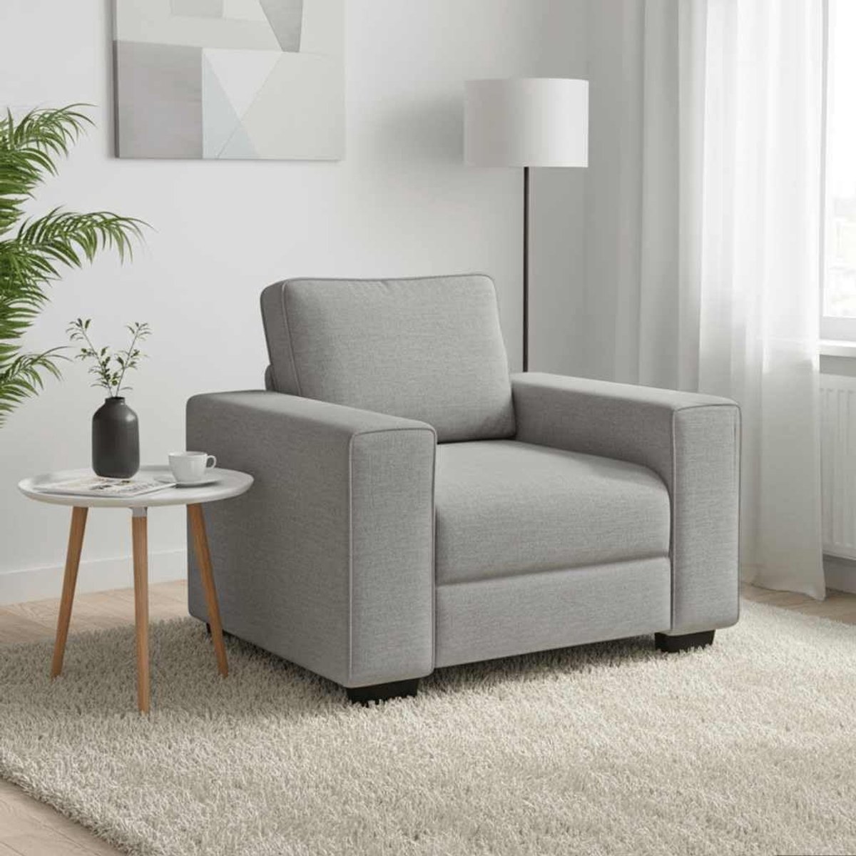 Zitmeubel met brede armleuningen en robuust houten metalen frame, comfortabele stoel in wolkengrijs van zacht polyesterweefsel, afmetingen 100 x 77 x 82 cm