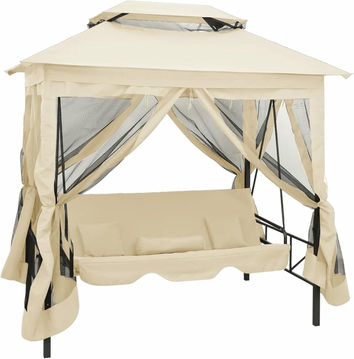 Schommelbank, schommelbank voor buiten, metalen schommelbank met parasol, verstelbare deken, voor terras, balkon, buiten, crèmewit, 220 x 160 x 240 cm