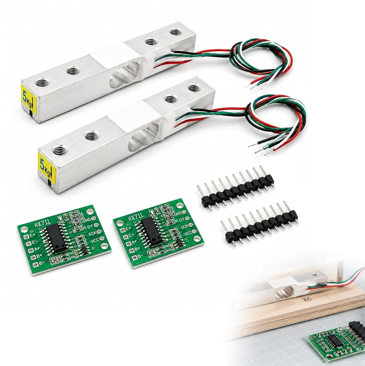 2 stuks 5 kg weegcel gewichtssensoren digitale weegschaal weegcel + 2 stuks HX711 weegcel gewicht sensormodule, load cell set voor elektronische weegschalen, doe-het-zelf en meetprojecten