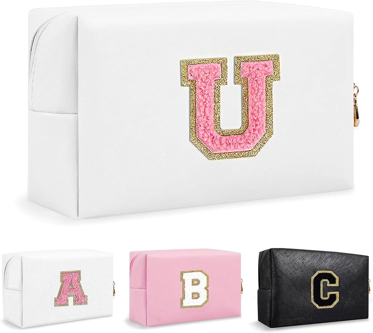 Gepersonaliseerde make-uptas met beginbrief, schattige waterdichte PU-lederen chenillebrief cosmetische tas reizen make-up tas, preppy make-up zakje toilettas rits zakje organizer voor