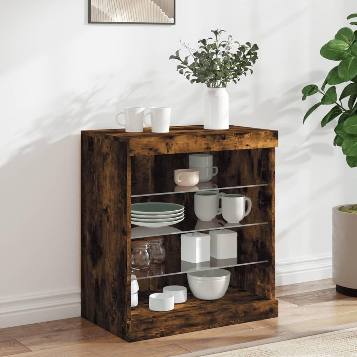 Dressoir met ledlampen, rookeiken, tuinkast, gangkast voor slaapkamer en woonkamer, 60,5 x 37 x 67 cm