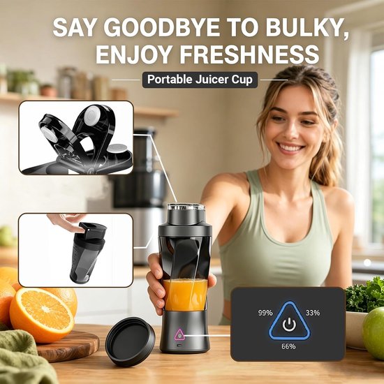 Mixer, 700 ml smoothie maker to go, 6-bladen, draagbare blender, Fresh Juice mixer, USB-mini-blender voor sap, jam, shake, smoothie (zwart, 6000 mAh) — afbeelding 3