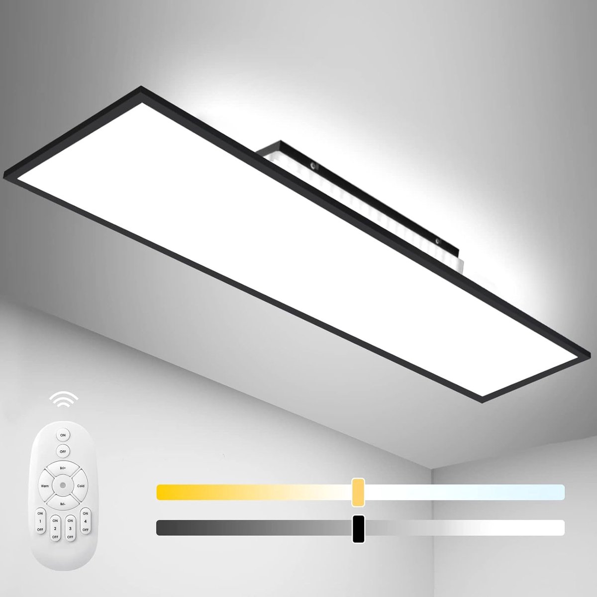 Ledpaneel, 120 x 30 cm, plafondlamp met achtergrondlicht, 55 W, warm/natuur/koudwit, 2700-6500 K, daglichtlamp met afstandsbediening en geheugenfunctie, voor kantoor, werkplaats, garage, kamer