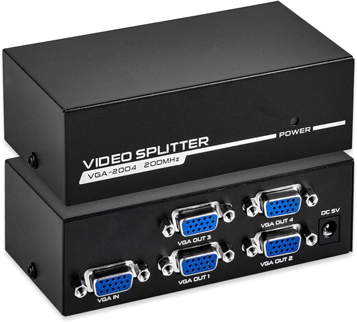1-in-4 uitgangen VGA-splitter, 4-poorts VGA-splitter box, 4 schermen, audio-videoverdeler ondersteunt 200 MHz resolutie 1920 x 1400
