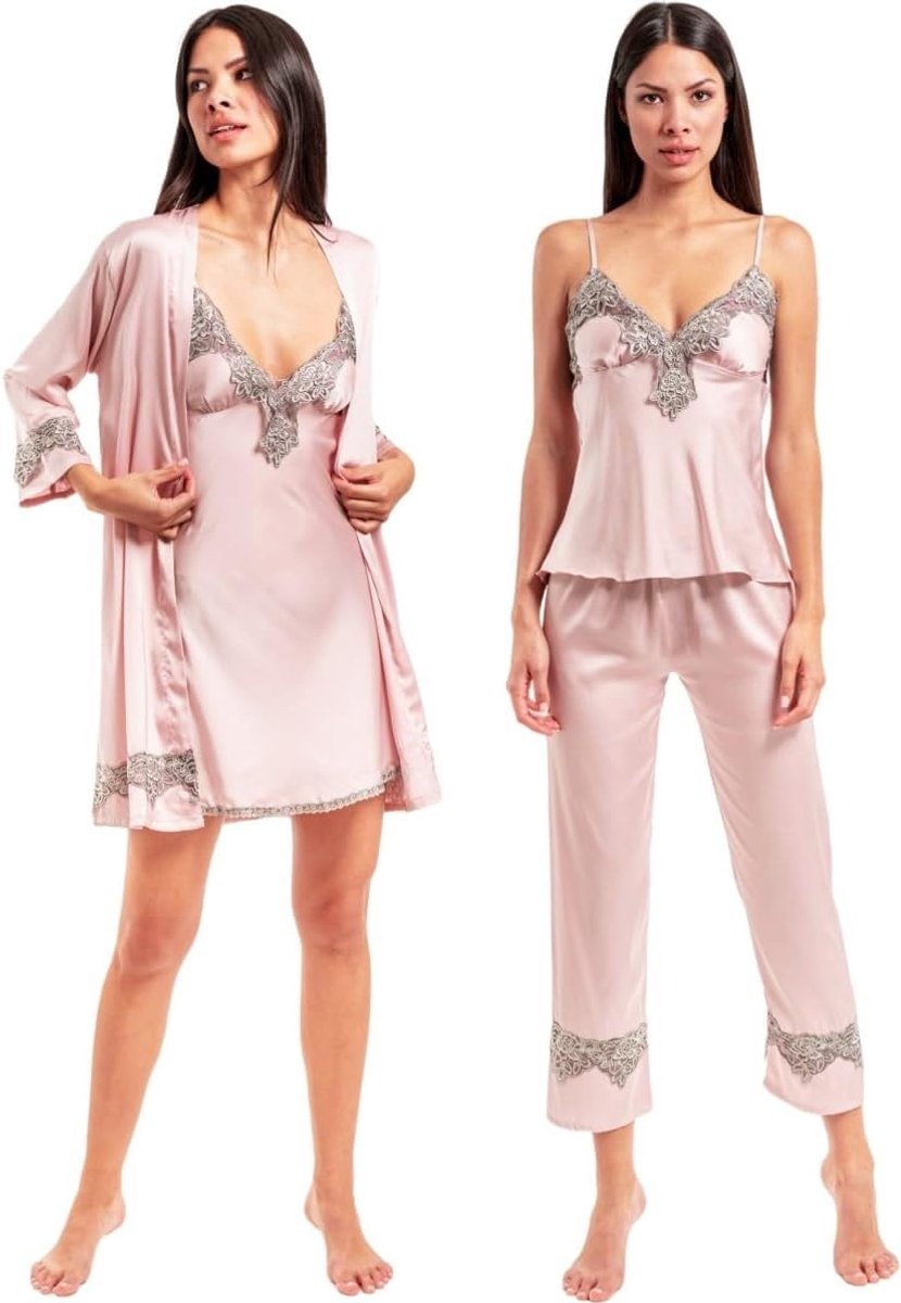 Satijn Pyjama Set 5 Stuks Zijden. Nachthemd Nachtkleding voor Womens Vrouw, homewear, kimono badjas, top, nachtjapon, korte broek en lange broek.