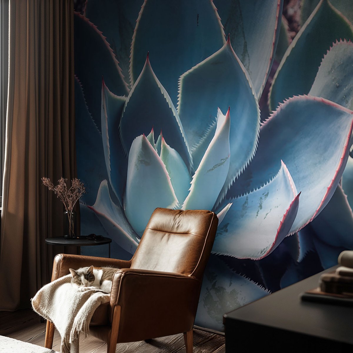 Coloray Vliesbehang - Blauw Snellijm Behang - 104x70 cm - Groene Aloë Muurschildering - Gang behang Bloemen En Planten - Fotobehang Vlies - Slaapkamer behang