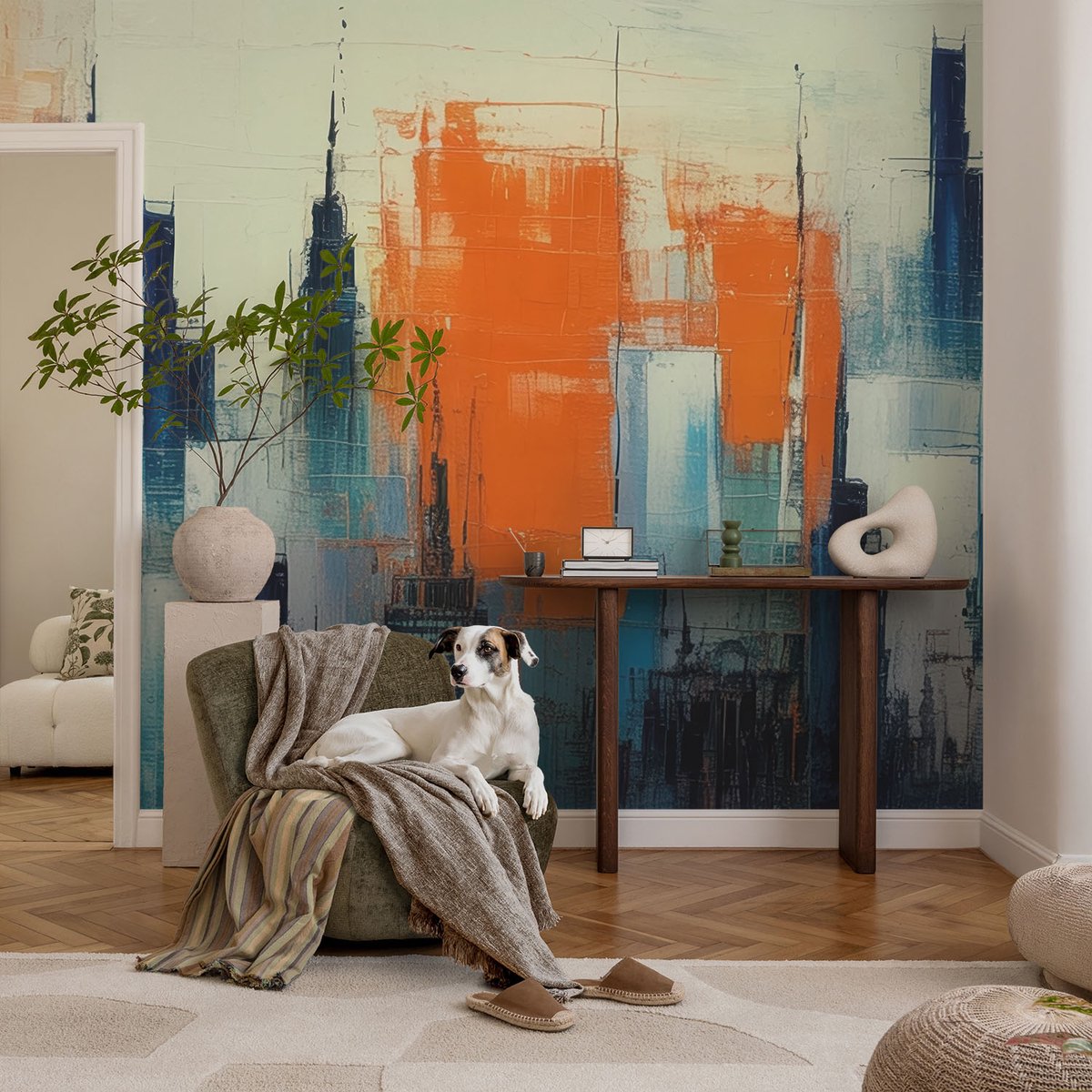 Coloray Vliesbehang - Oranje Snellijm Behang - 104x70 cm - Abstracte Stad Muurschildering - Slaapkamer behang Architectuur - Fotobehang Vlies - Slaapkamer behang