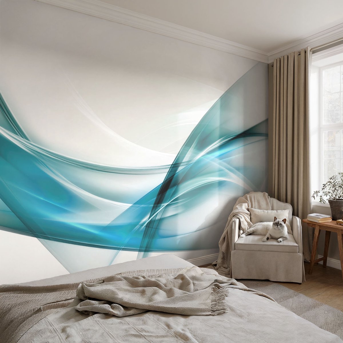 Coloray Vliesbehang - Wit Snellijm Behang - 104x70 cm - Blauwe Golven Fotobehang Vlies - Woonkamer behang Abstractie - Muurschildering - Woonkamer behang