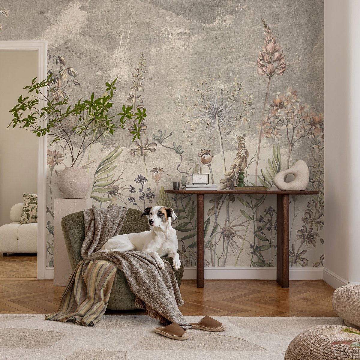 Coloray Vliesbehang - Grijs Snellijm Behang - 104x70 cm - Wilde Planten Muurschildering - Gang behang Bloemen En Planten - Fotobehang Vlies - Slaapkamer behang