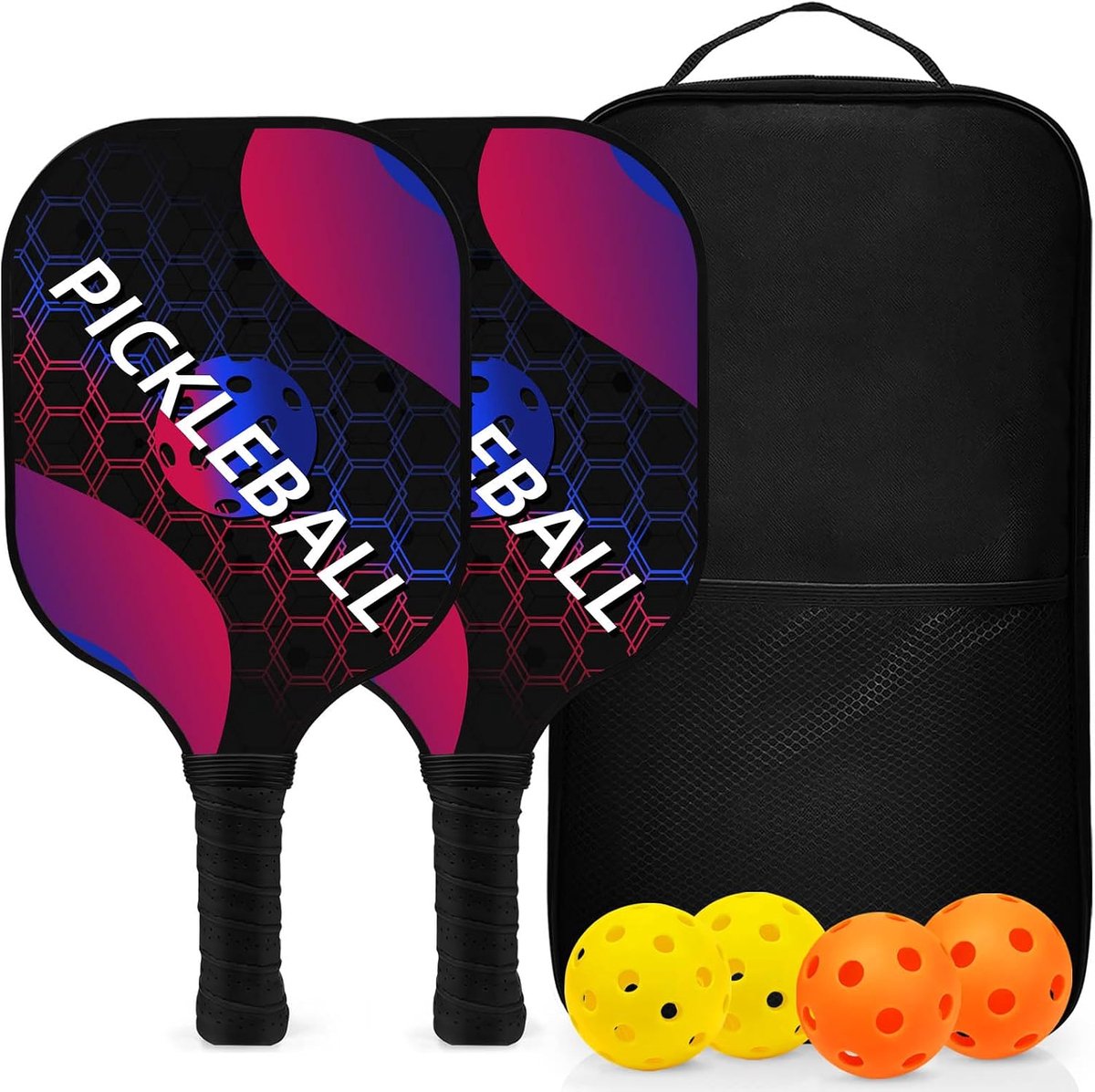 Paddles, Pickleball set glasvezel oppervlak en polymeer honingraat kern pickleball racket set van 2/4 voor buiten en binnen met 1 draagtas, 4 ballen