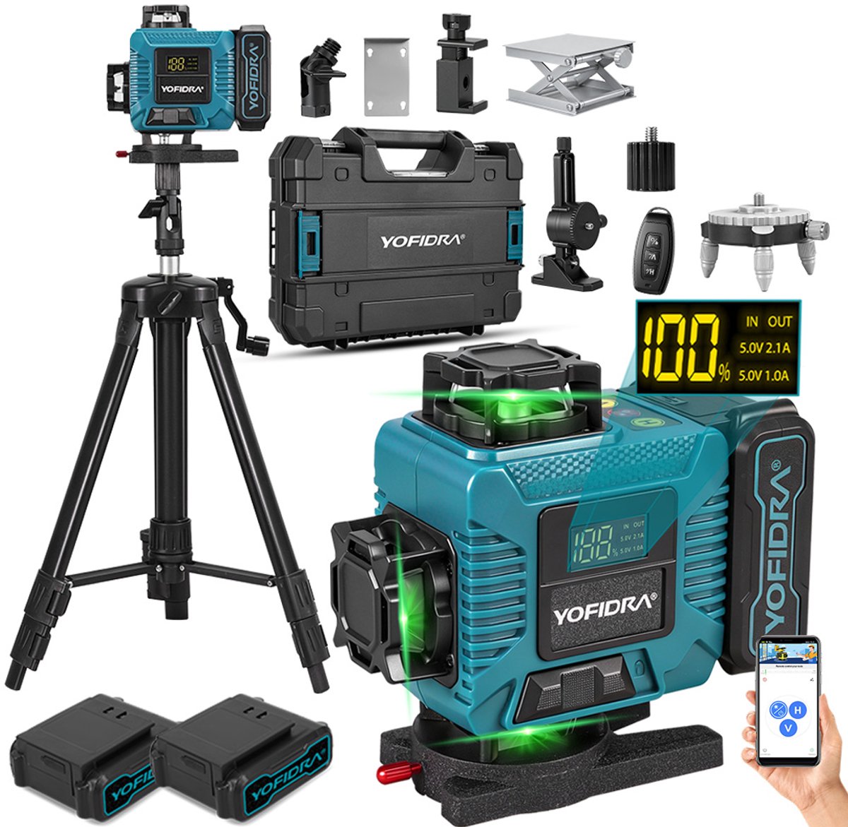 Yofidra 4D Kruislijnlaser met Statief - Zelfnivellerend Bouwlaser - 16 Lijnen Professionele Bouwlaser - Complete set - 50 Meter Meetbereik - 360 Graden Rotatie