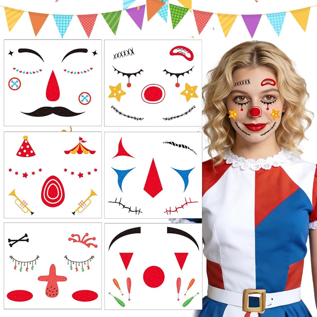 6 vellen glitter-clown-gezichtstattoos, voor carnaval, Halloween, kostuum, party