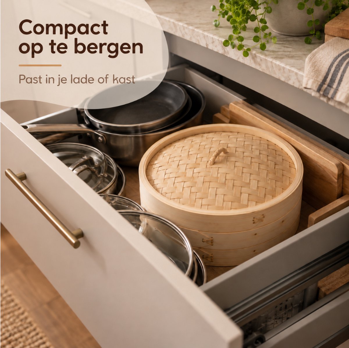 Tomec® Stoommand Bamboe 3-delig – Stoommandje en Stomer voor Dumplings, Dim Sum, Rijst en Groente — cadeau in Kookcadeaus - foto 7