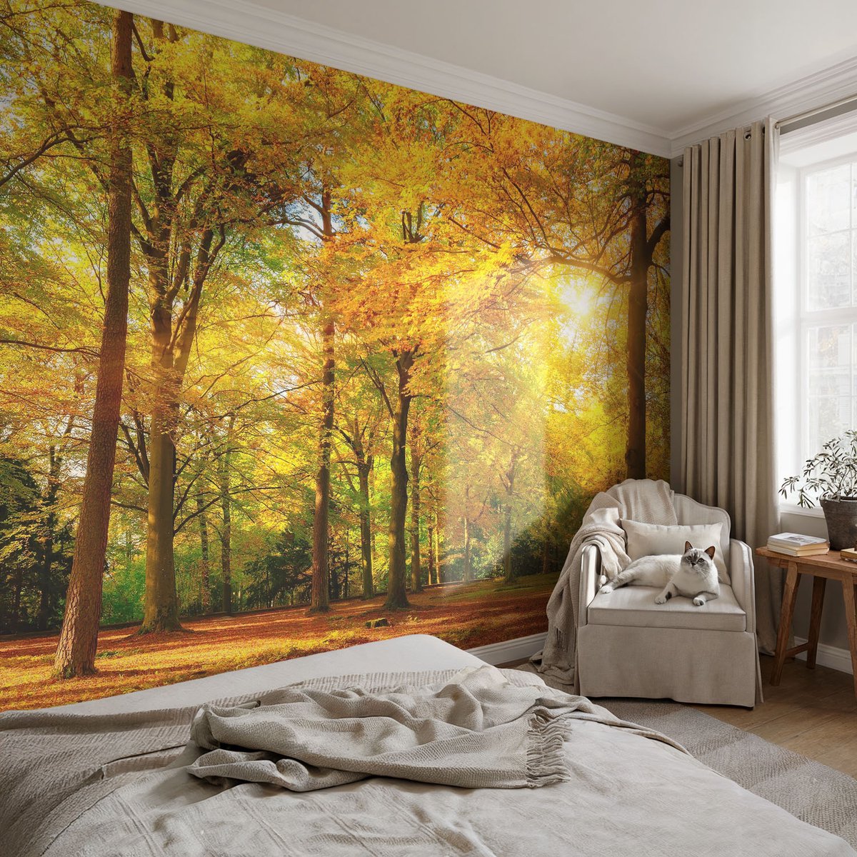 Coloray Vliesbehang - Geel Snellijm Behang - 152x104 cm - Gouden Bladeren Fotobehang Vlies - Hal behang Landschappen - Muurschildering - Hal behang
