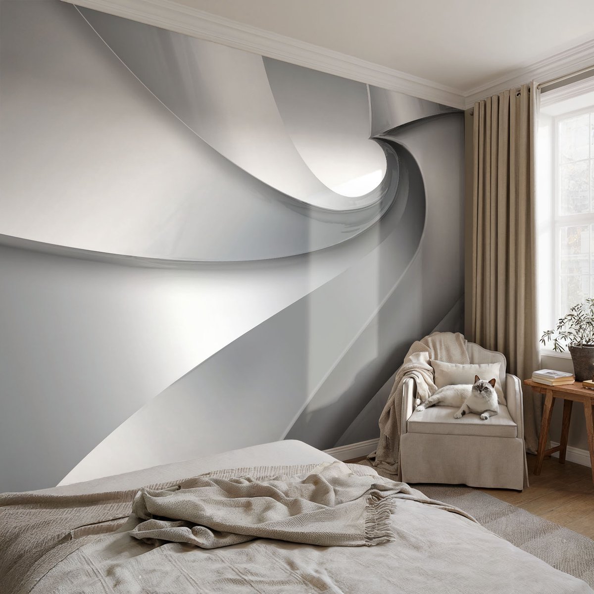 Coloray Vliesbehang - Grijs Snellijm Behang - 152x104 cm - Geometrische Spiralen Fotobehang Vlies - Woonkamer behang Abstractie - Muurschildering - Hal behang