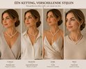 Vier modellen tonen de parelketting met bloemhanger in verschillende outfits: V-hals, blouse, jurk en trui.