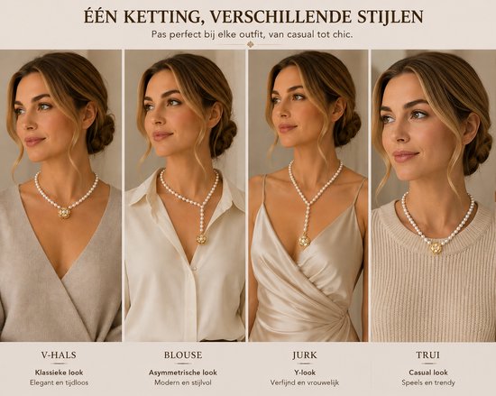 Vier modellen tonen de parelketting met bloemhanger in verschillende outfits: V-hals, blouse, jurk en trui.