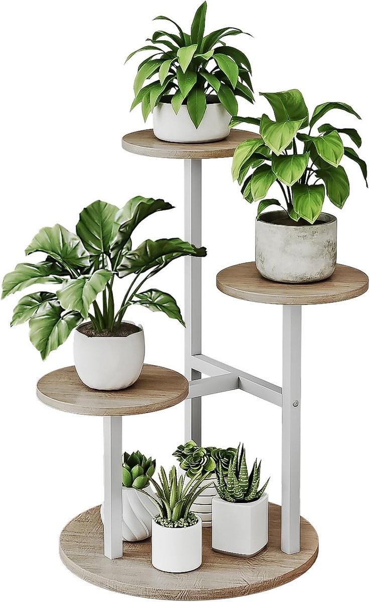 Plantenstandaard voor binnen, 4 niveaus, 5 potten, meerdere bloempothouders, bloemenstandaard voor terras, tuin, balkon, woonkamer, hoek (wit + Sonoma Oa, 4-traps)