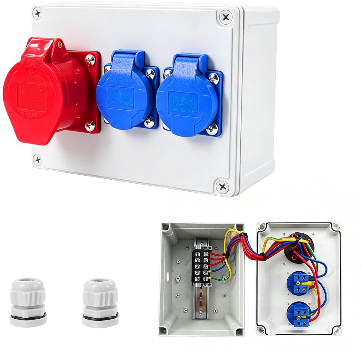 Stopcontact opbouw, wandverdeler, krachtstroomverdeler, 6 x 230 V Schuko-stopcontacten, IP67 bouwstroomverdeler, stekkerverdeler voor werkplaats (2 x 230 V Schuko-stopcontacten + 16 A CEE-stekker)