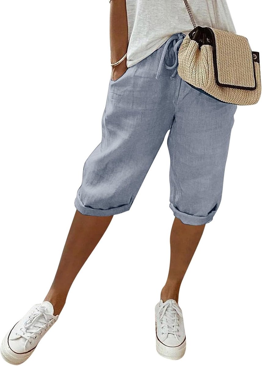 Linen damesbroek, zomer, knie lang, korte broek, licht en luchtig, hoge taille, elastisch, effen, strandbroek, casual.