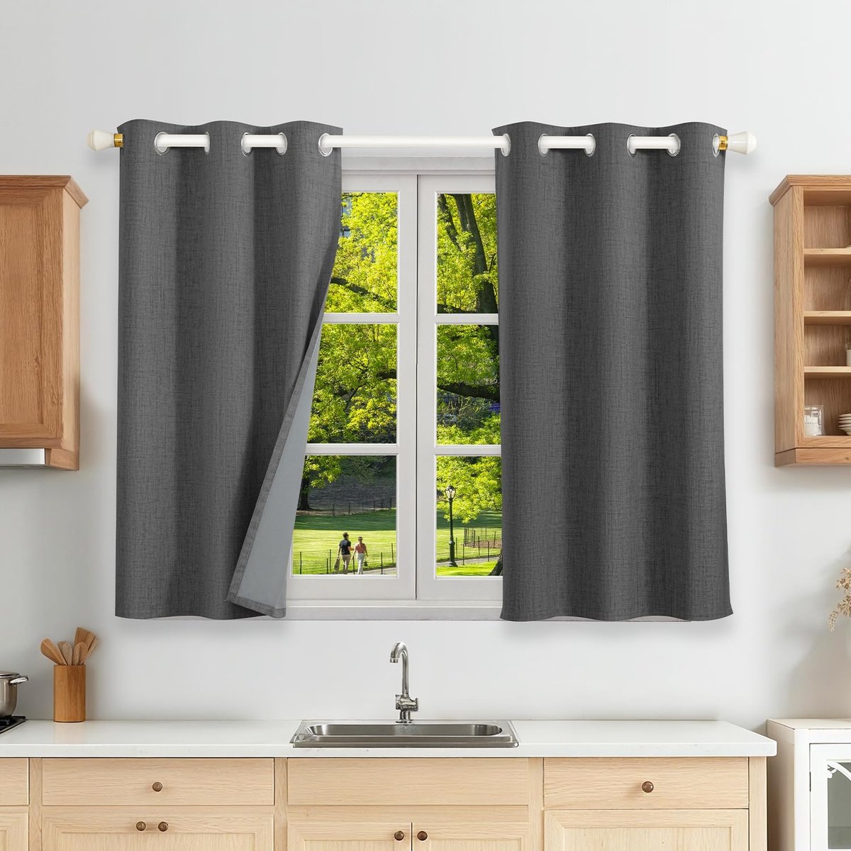 linnen, 100% verduisteringsgordijnen, set van 2, thermogordijn, hittebescherming, 120 x 90 cm (h x b), linnenlook, ondoorzichtig, grijs, geluidsisolatie voor slaapkamer en woonkamer