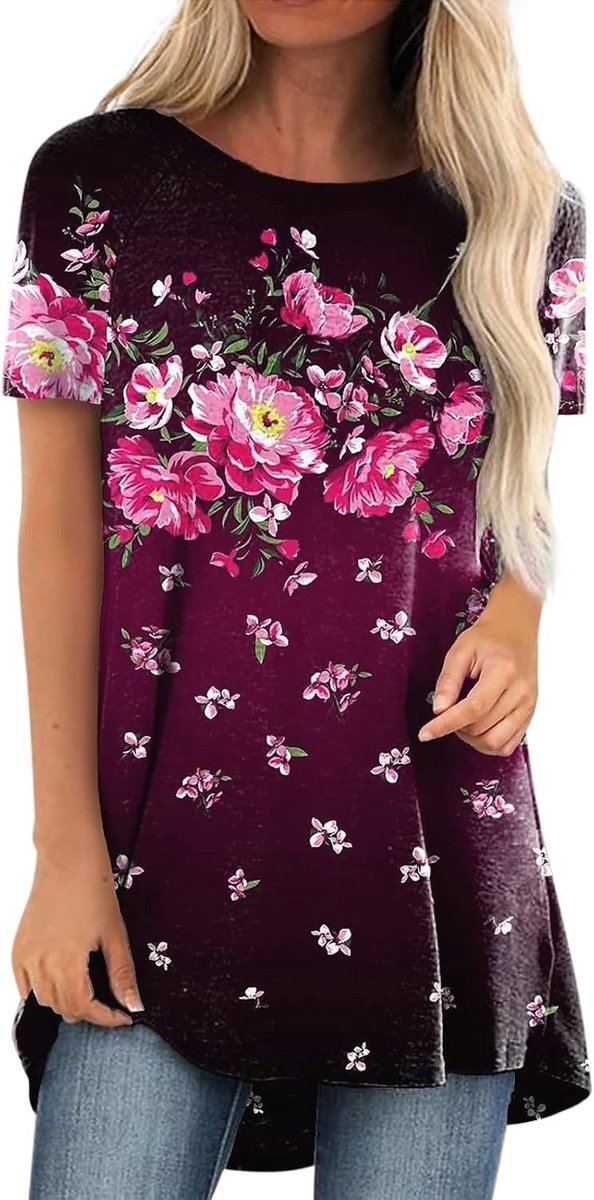 Tuniek voor leggings - Bloemenprint, korte mouwen, oversized