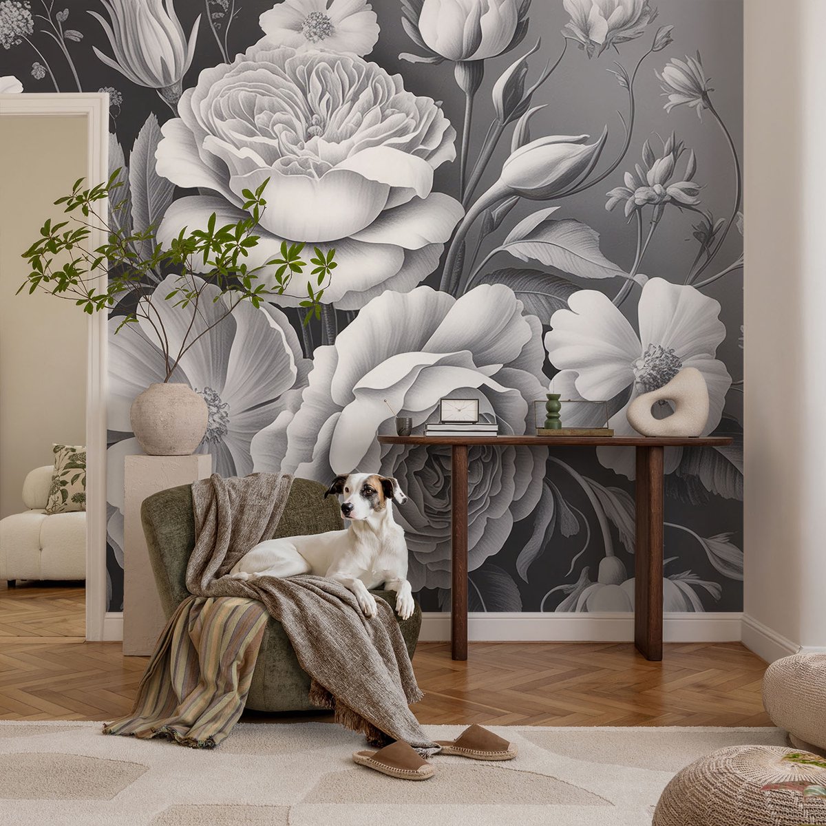 Coloray Vliesbehang - Zwart Snellijm Behang - 104x70 cm - Grijze Bloemen Fotobehang Vlies - Hal behang Bloemen En Planten - Muurschildering - Hal behang