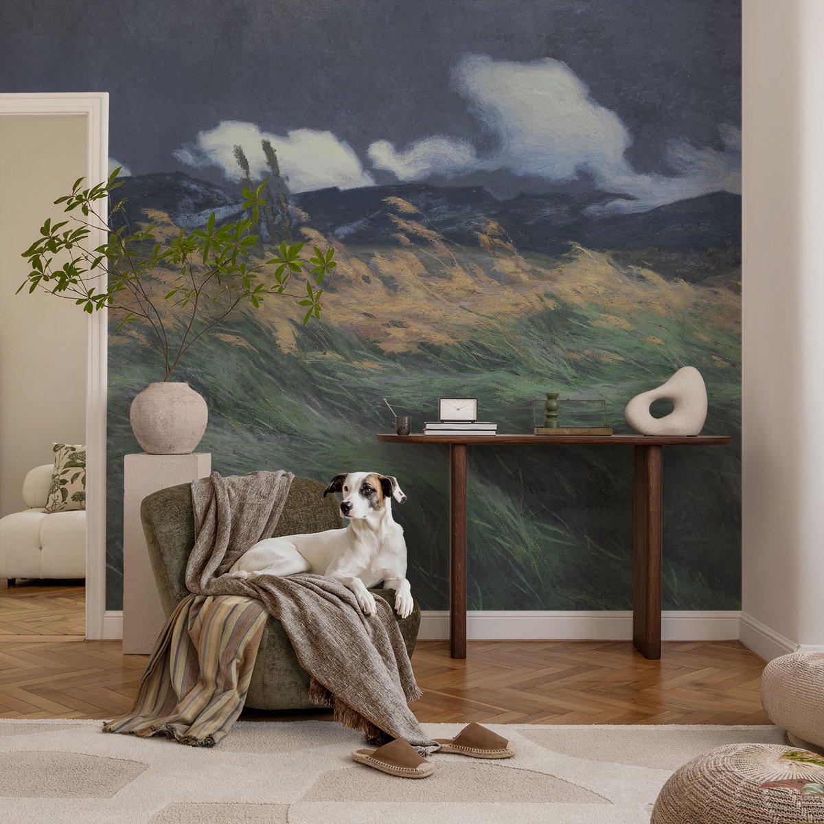 Coloray Vliesbehang - Grijs Snellijm Behang - 104x70 cm - Door De Wind Meegevoerde Grassen Muurschildering - Gang behang Landschappen - Fotobehang Vlies - Slaapkamer behang