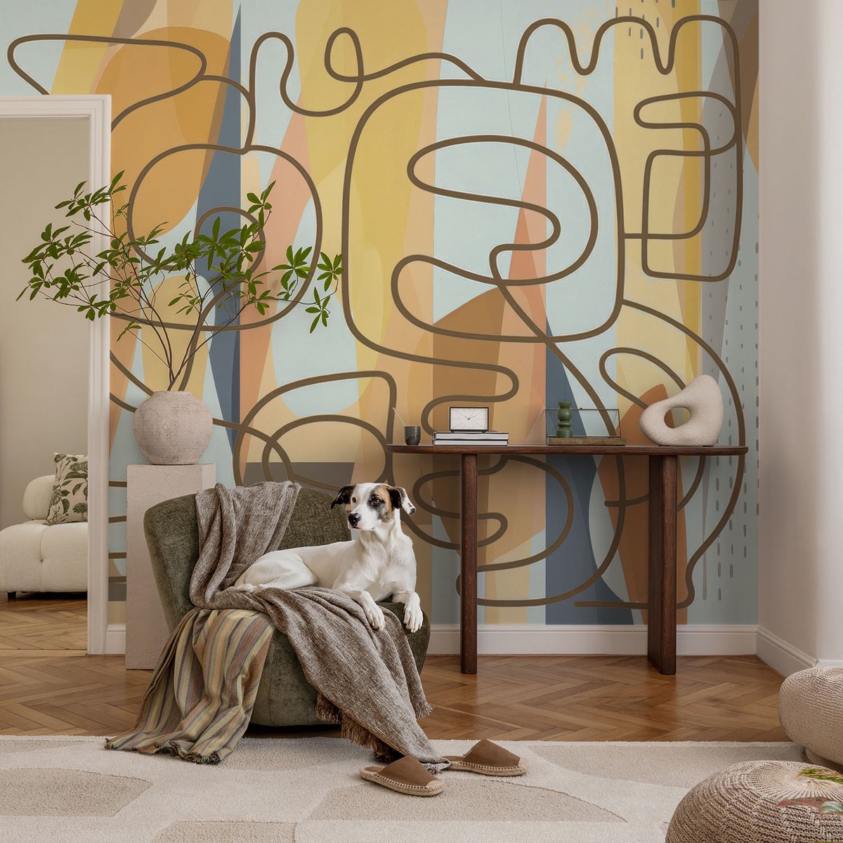 Coloray Vliesbehang - Geel Snellijm Behang - 104x70 cm - Abstracte Vormen Muurschildering - Slaapkamer behang Abstractie - Fotobehang Vlies - Slaapkamer behang