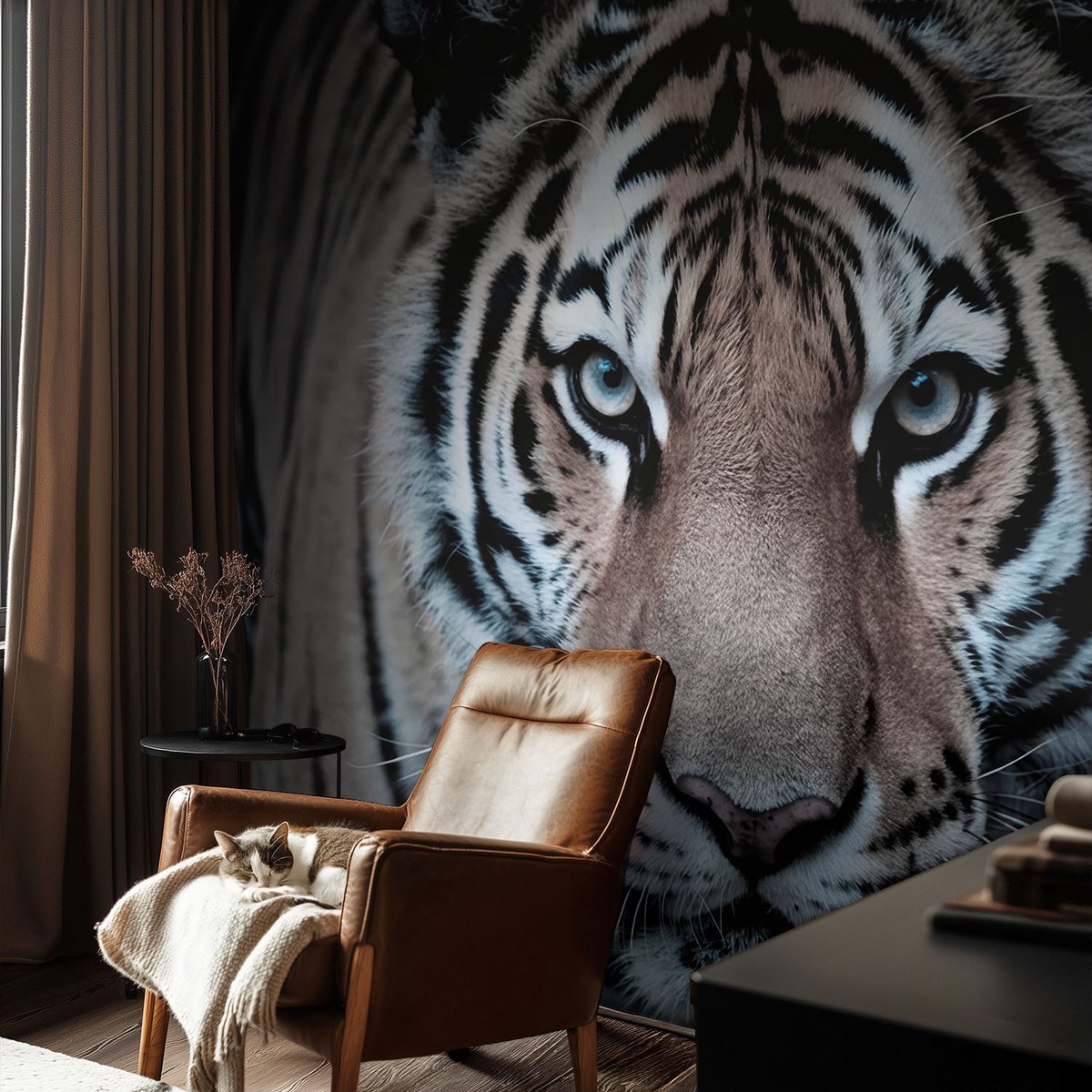 Coloray Vliesbehang - Zwart Snellijm Behang - 104x70 cm - Tijgerportret Fotobehang Vlies - Hal behang Dieren - Muurschildering - Woonkamer behang
