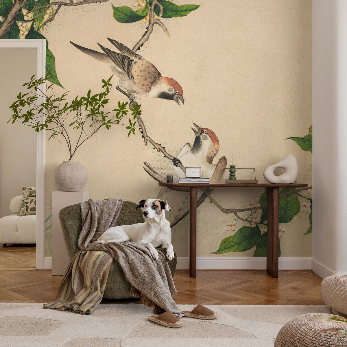Coloray Vliesbehang - Beige Snellijm Behang - 104x70 cm - Klassiek Duo Fotobehang Vlies - Hal behang Dieren - Muurschildering - Woonkamer behang