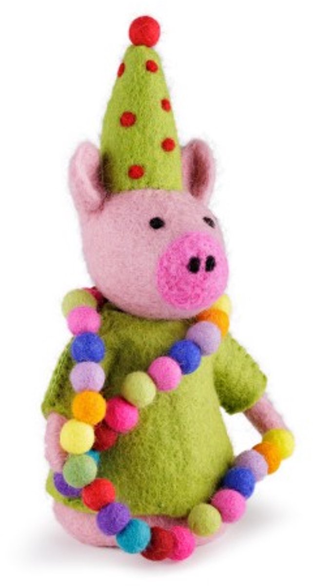 Wolvilt Feestvarken met Feestmuts en Slinger Roze - Kleine Handpop/Eiwarmer - Handmade&Fairmade Homedeco - 24cm — afbeelding 4