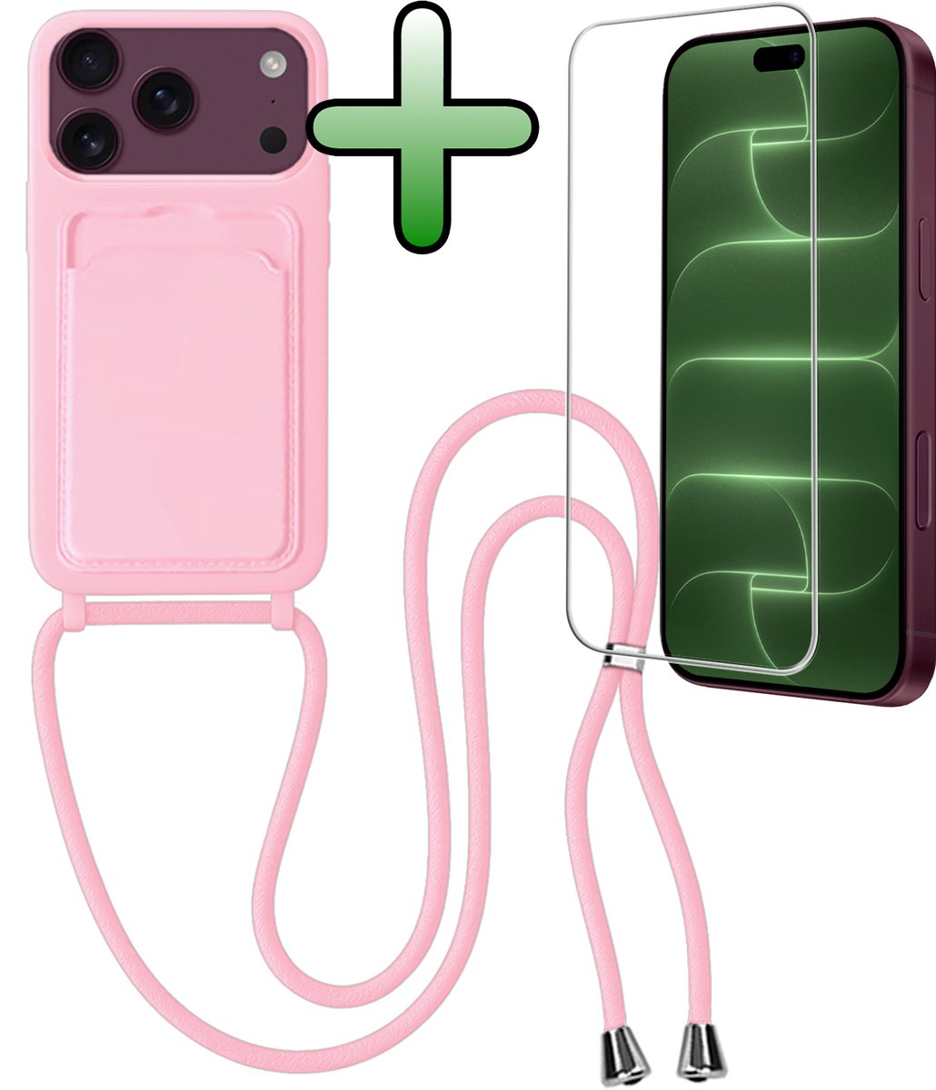 Hoes Geschikt voor iPhone 18 Pro Max Hoesje Met Koord Met Screenprotector - Telefoonhoesje Geschikt voor iPhone 18 Pro Max Backcover Met Afneembaar Koord - Lichtroze