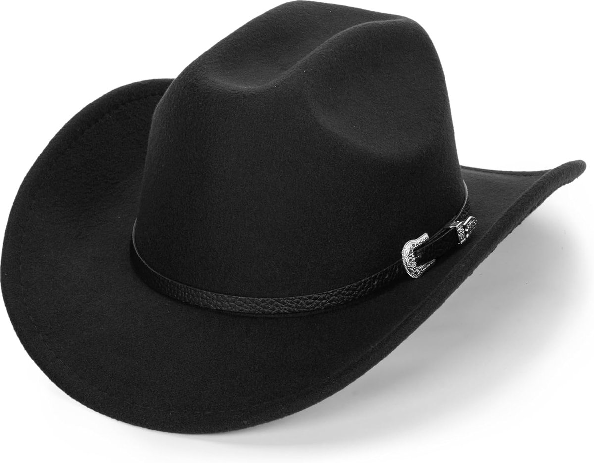 Cowboyhoed voor dames en heren, klassieke fedora-hoed met brede rand en gesp riem