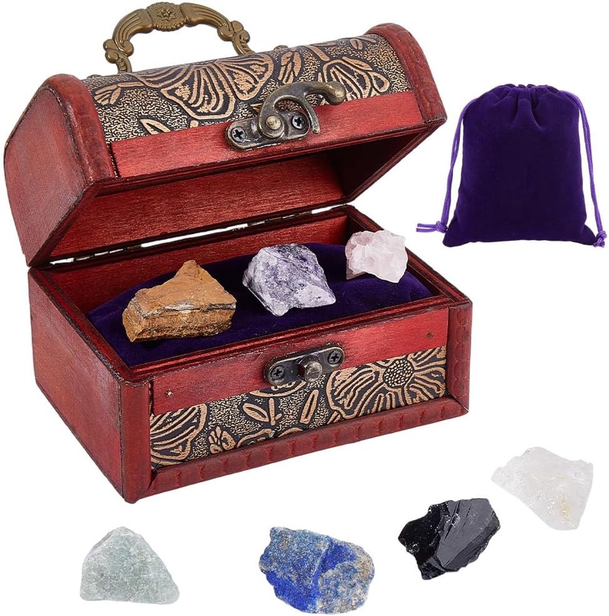 7 grote ongepolijste seleniet, ruwe steen met rode houten doos, chakra-kristalset, lapis lazuli, kwartspunten, amethist, citrien, oriëntatieset voor meditatie, yoga, reiki, amethist cluster