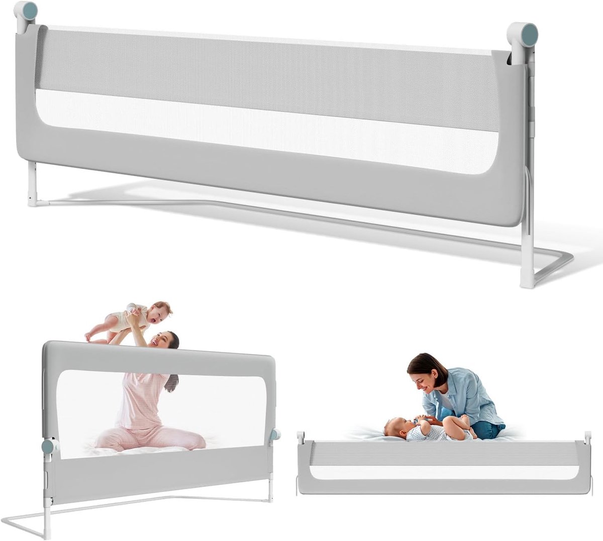 Bedhek, 200 x 68 cm, valbescherming voor bed - extra breed, half inklapbaar bedhek voor baby's en peuters, in hoogte verstelbaar van 72-86 cm, stabiele trapeziumvoet, 300 g Oxford-stof, grijs