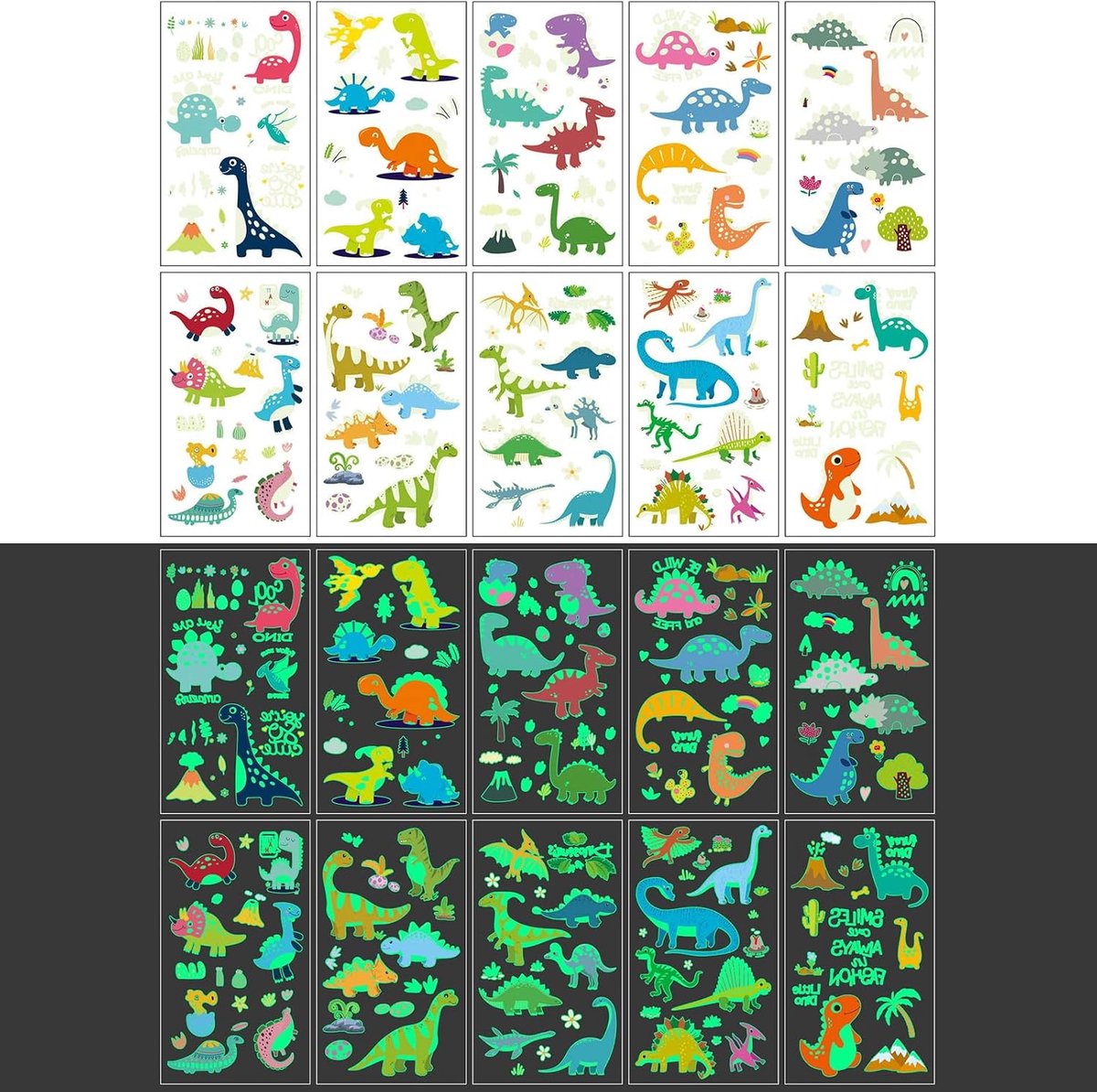 Lichtgevende 20 vellen, tijdelijke dinosaurusstickers, huidvriendelijk, cadeautasje, verjaardag, schoolzakvulling, adventskalender vulling